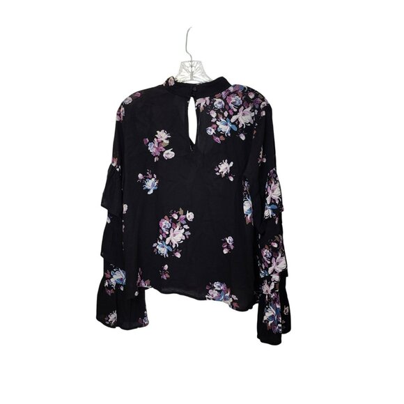 BP Floral Keyhole Blouse S | Rayon | Black Purple | Tiered Bell Sleeve - Picture 7 of 8